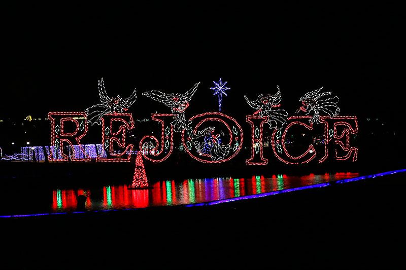 A Large Light Display Spelling out Rejoice