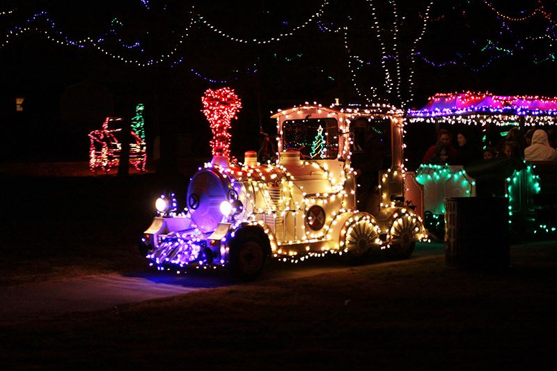 A Park Train Adorned with Christmas Lights